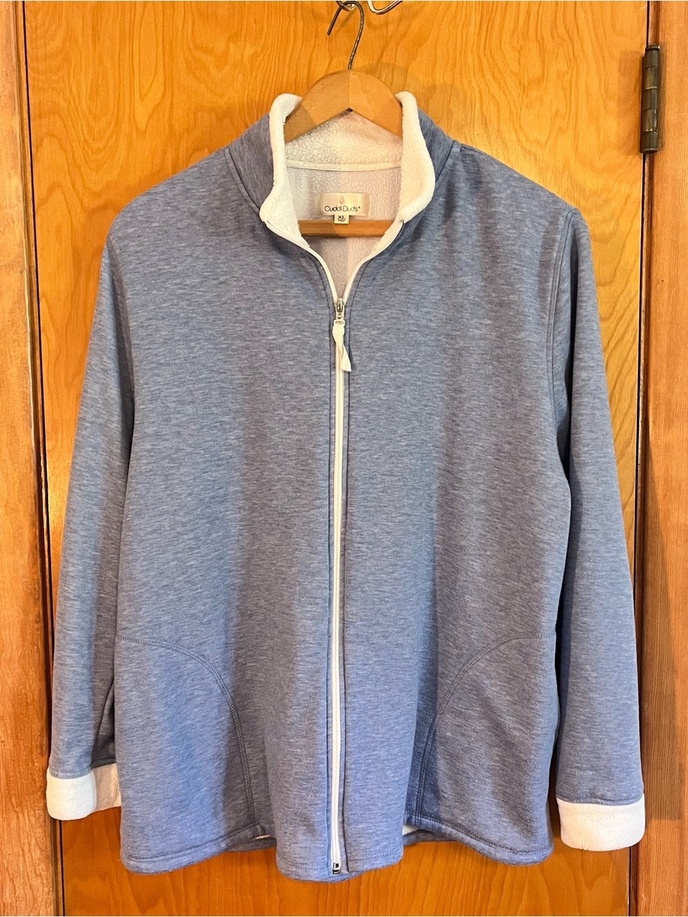 Cuddl Duds Men's Light Blue Full-Zip Sweater Jacket with Cream Trim